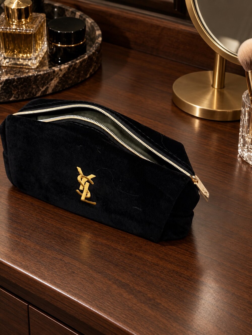 Yves Saint Laurent Black Velvet Makeup Bag | Velvet and Gold-Tone Details - Picture 6 of 6